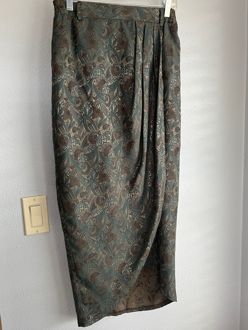 Draped Paisley Shelli Segal Midi Skirt in Teal and Brown